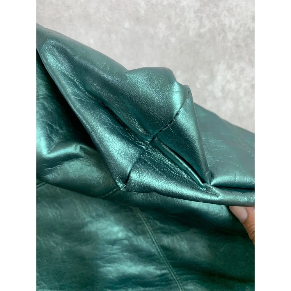 Saks Fifth Avenue Metallic Green Faux Leather Oversized Tote Bag Minimalist